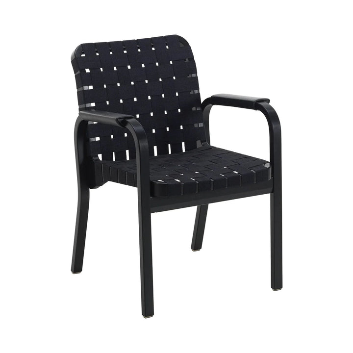 Armchair 45 - Linen Webbing - Artek Chairs - Black lacquered black/blue linen webbing flat wrap armrests - HORNE