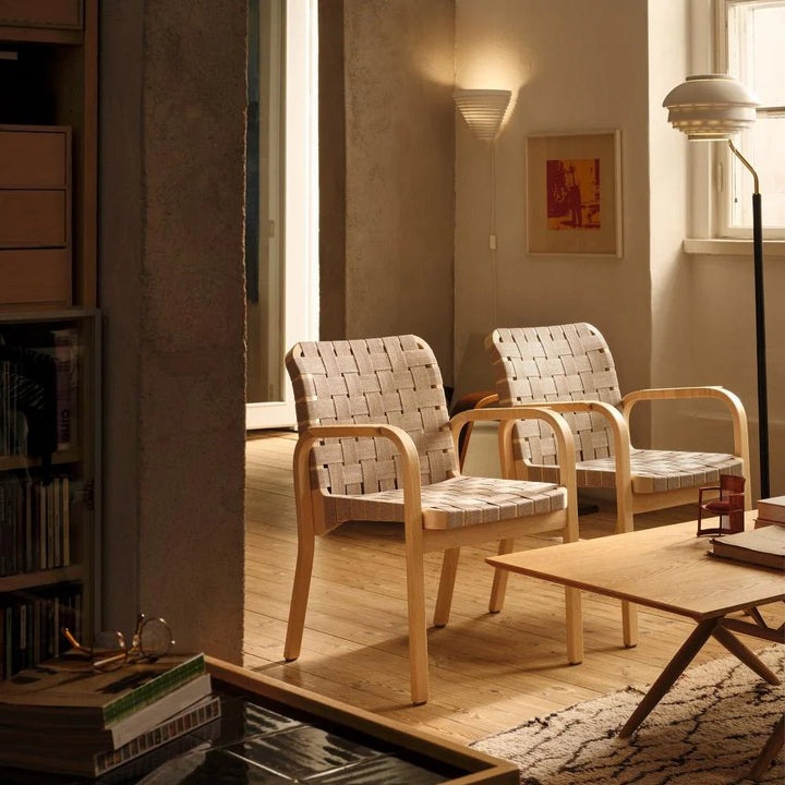Armchair 45 - Linen Webbing - Artek Chairs - Natural lacquered natural/black linen webbing rattan winding armrests - HORNE