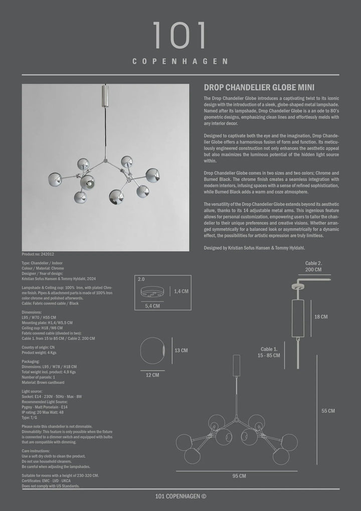 Drop Chandelier Globe - 101 Copenhagen Lighting - Mini - Chrome - HORNE