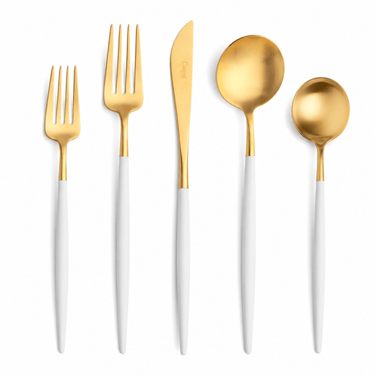 Goa Cutlery - Brushed Gold and White Handle - 5pc Set - Cutipol Flatware + Serving Pieces - HORNE