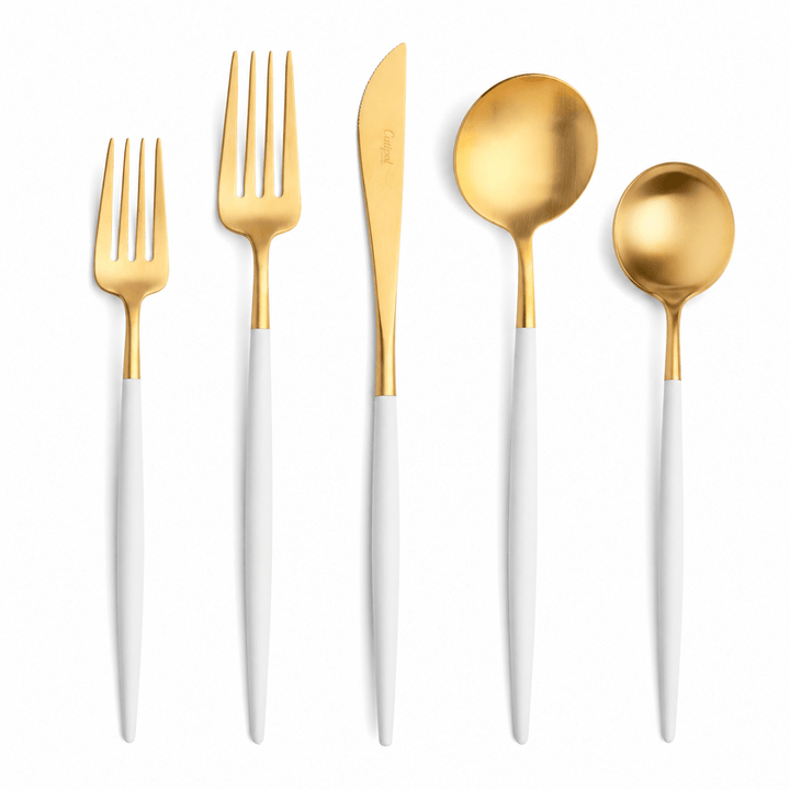 Goa Cutlery - Brushed Gold With White Handle - Sets - Cutipol Flatware + Serving Pieces - 24 Piece Setting - HORNE