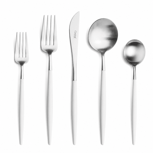 Goa Cutlery - Brushed Stainless Steel and White Handle - 5pc Set - Cutipol Flatware + Serving Pieces - HORNE