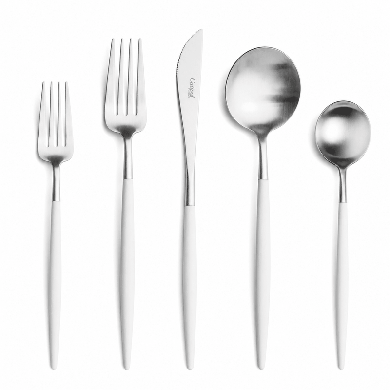 Goa Cutlery - Brushed Stainless Steel and White Handle - 5pc Set - Cutipol Flatware + Serving Pieces - HORNE