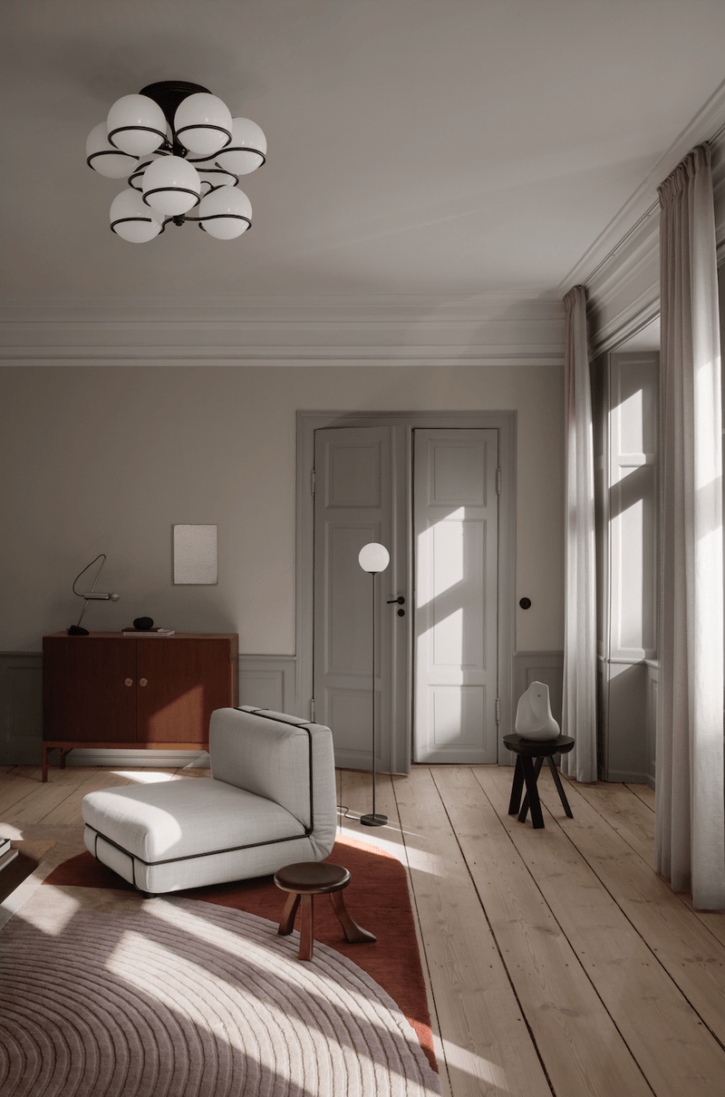 Model 2042 - 9 Opaline Spheres - Astep Ceiling Lights - Black Mount - HORNE