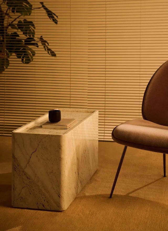 Pietra Side Table - Gubi Side Tables - 31.5" W x 11.8" D x 15.7" H - Neutral White Travertine - HORNE