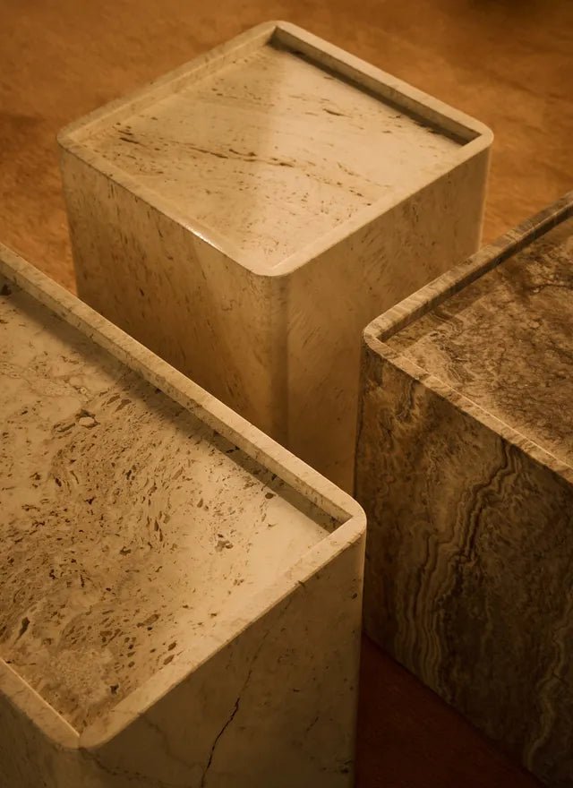 Pietra Side Table - Gubi Side Tables - 31.5" W x 11.8" D x 15.7" H - Neutral White Travertine - HORNE