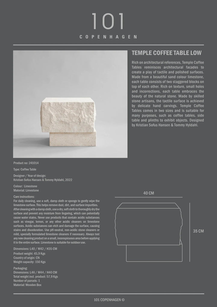 Temple Coffee Table - 101 Copenhagen Coffee Tables - Low - Limestone - HORNE