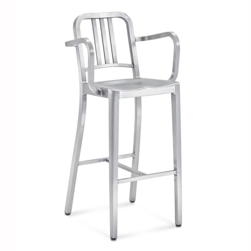 1006 Navy Barstool With Arms - Emeco - Stools + Benches + Ottomans - Brushed - HORNE