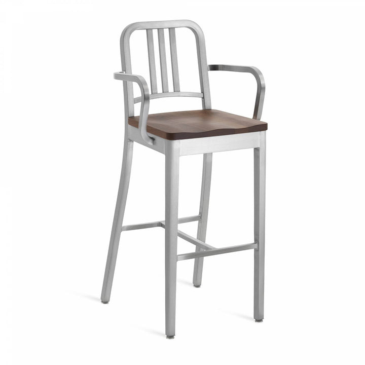 1104 Navy Barstool With Arms - Emeco - Chairs - Brushed - Walnut - HORNE