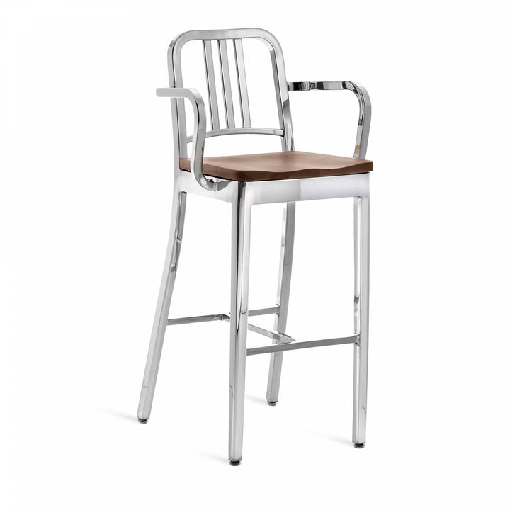 1104 Navy Barstool With Arms - Emeco - Chairs - Polished - Walnut - HORNE