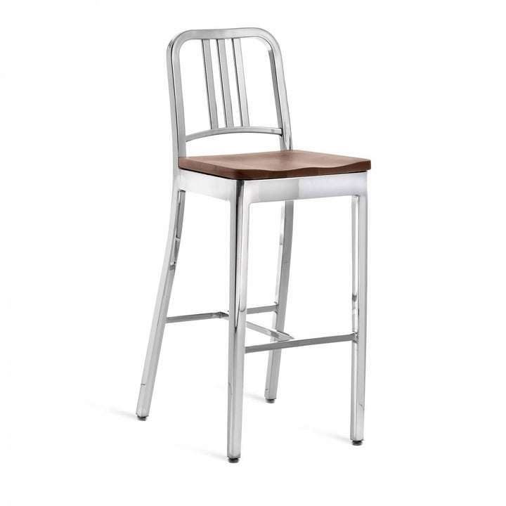 1104 Navy Barstool With Wood Seat - Emeco - Chairs - Brushed - Walnut - HORNE