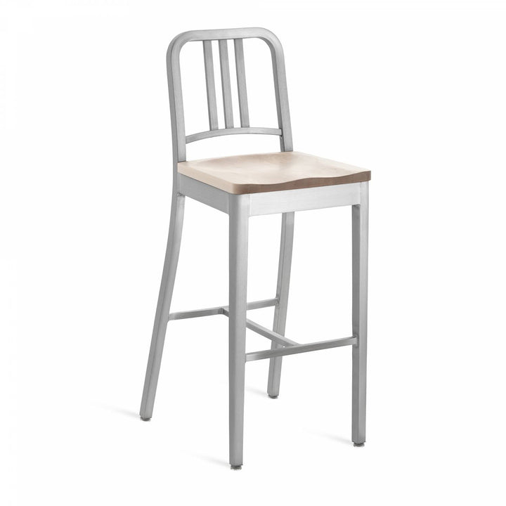 1104 Navy Barstool With Wood Seat - Emeco - Chairs - Brushed - Ash - HORNE