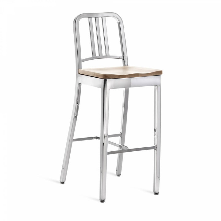 1104 Navy Barstool With Wood Seat - Emeco - Chairs - Polished - Ash - HORNE