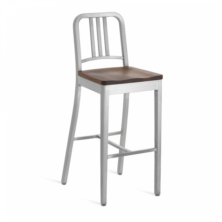 1104 Navy Barstool With Wood Seat - Emeco - Chairs - Brushed - Walnut - HORNE