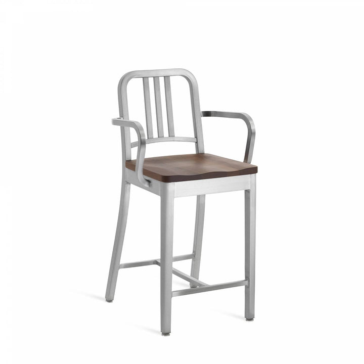 1104 Navy Counter Stool With Arms - Emeco - Stools + Benches + Ottomans - Brushed - Walnut - HORNE