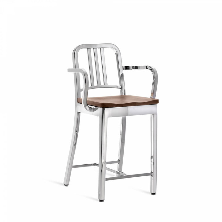 1104 Navy Counter Stool With Arms - Emeco - Stools + Benches + Ottomans - Polished - Walnut - HORNE