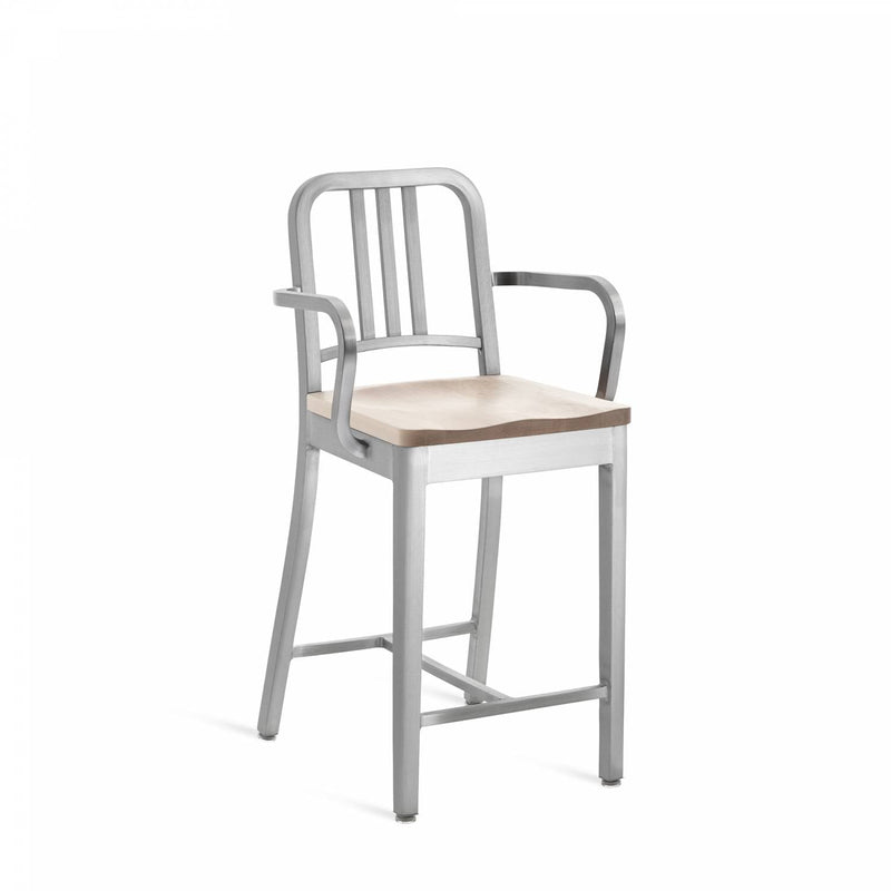 1104 Navy Counter Stool With Arms - Emeco - Stools + Benches + Ottomans - Brushed - Cherry - HORNE