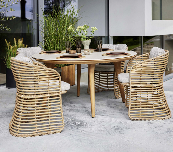 Aspect Teak Dining Table - Round - Cane Line - Outdoor Furniture - Travertine Look Ceramic - HORNE