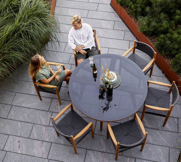 Aspect Teak Dining Table - Round - Cane Line - Outdoor Furniture - Travertine Look Ceramic - HORNE