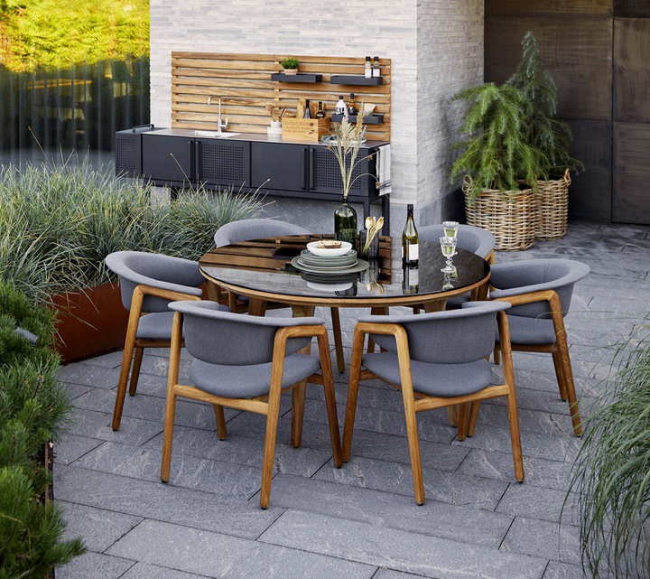 Aspect Teak Dining Table - Round - Cane Line - Outdoor Furniture - Travertine Look Ceramic - HORNE