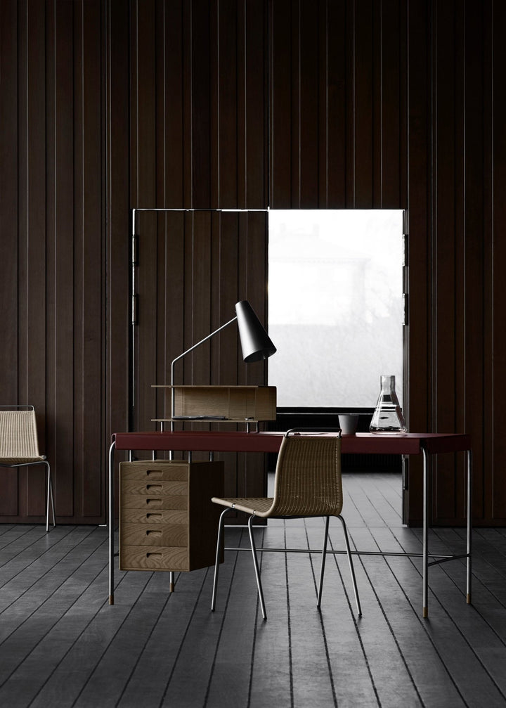 AJ52 Society Table - Carl Hansen & Son - Tables + Desks - 55.1"W x 27.6"D x 28.3"H - Left Side Oak - Lacquer - Brown Leather 2068 - HORNE