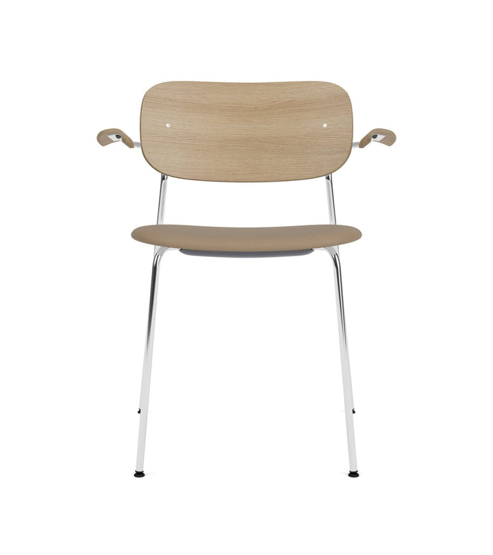 Co Dining Chair - Partially Upholstered - w/Armrests - Audo Copenhagen - Chairs - Chrome Frame/ Natural Oak/ Sierra Leather 1611 (Stone) - HORNE