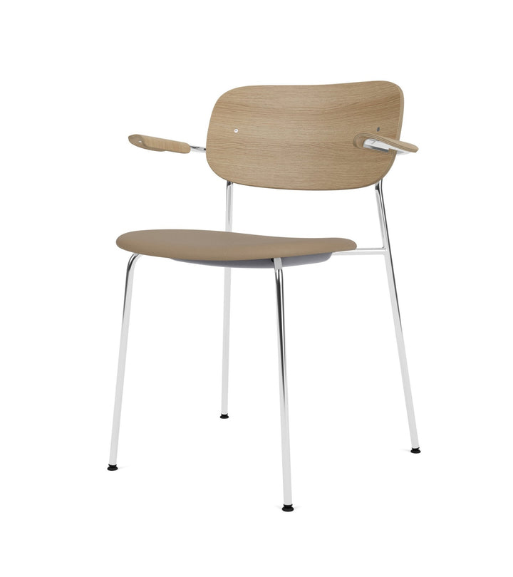 Co Dining Chair - Partially Upholstered - w/Armrests - Audo Copenhagen - Chairs - Chrome Frame/ Natural Oak/ Sierra Leather 1611 (Stone) - HORNE