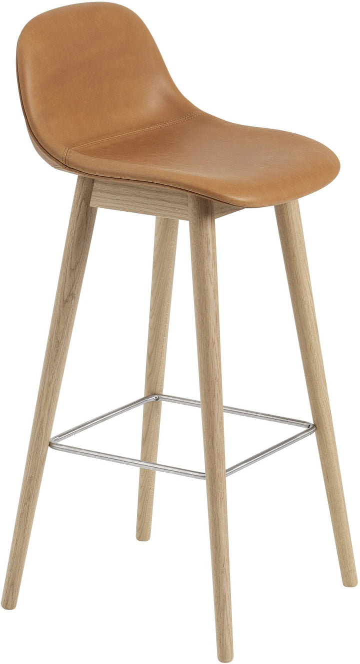 Fiber Bar Stool With Backrest - Wood Base - Muuto - Stools + Benches + Ottomans - Cognac Leather Seat & Oak Base - HORNE