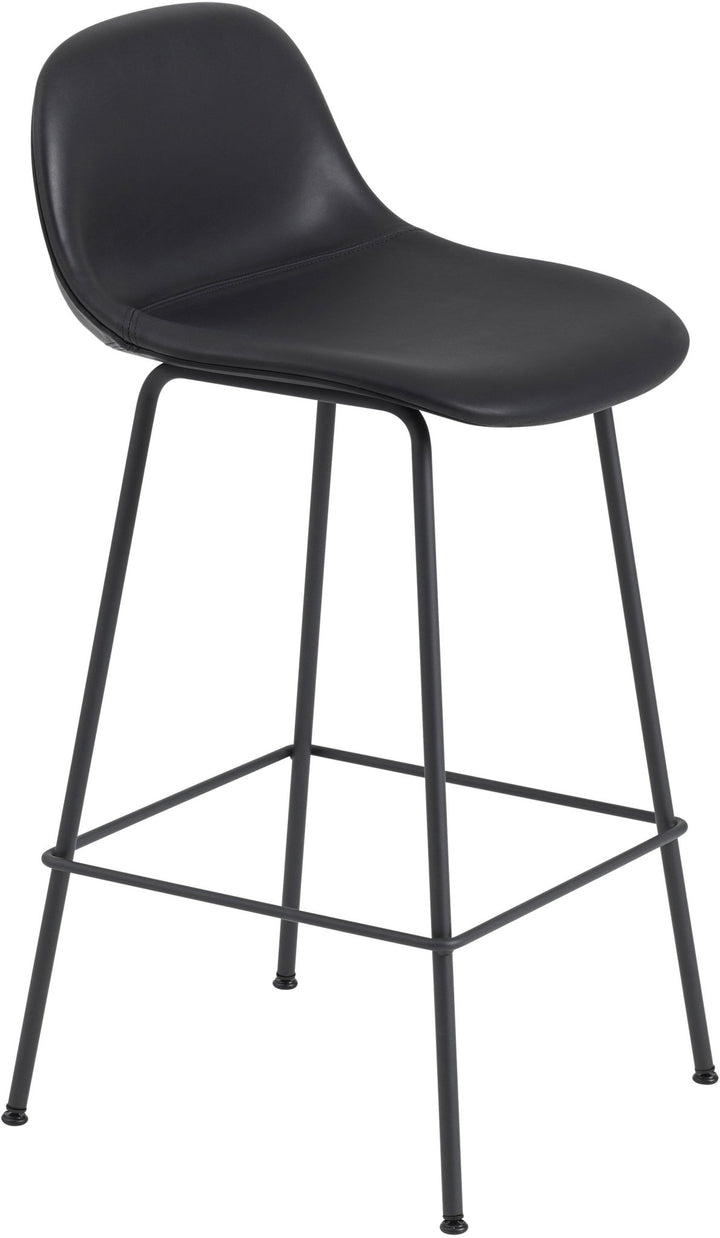 Fiber Counter Stool With Backrest - Tube Base - Muuto - Stools + Benches + Ottomans - Black Leather Seat & Black Base - HORNE