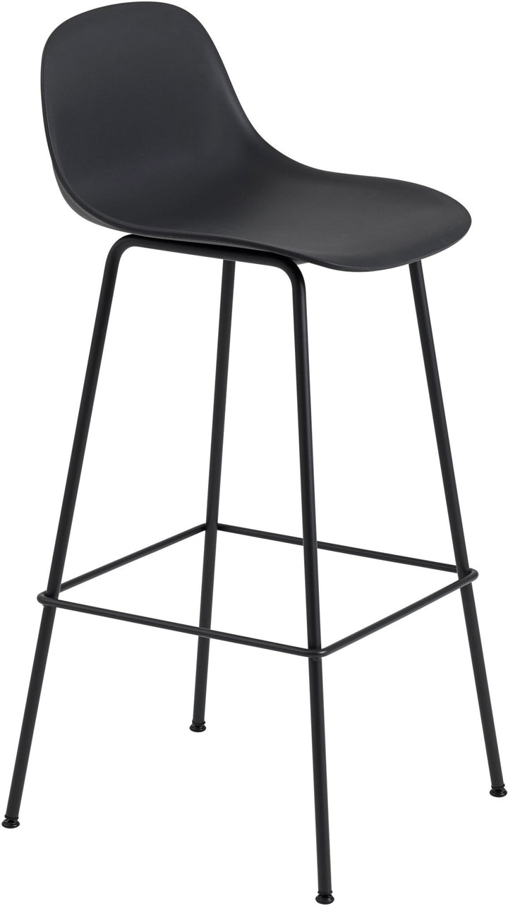 Fiber Counter Stool With Backrest - Tube Base - Muuto - Stools + Benches + Ottomans - Black Leather Seat & Black Base - HORNE