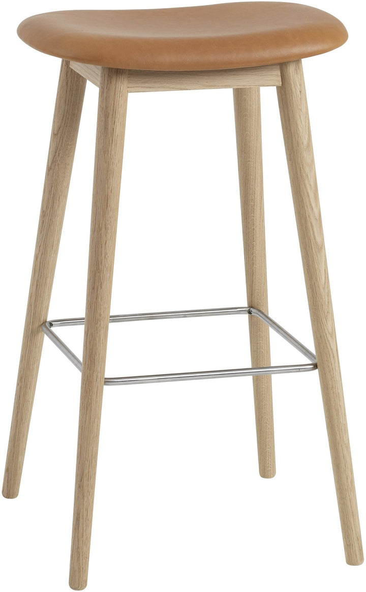 Fiber Stool Without Back - Wood Base - Muuto - Stools + Benches + Ottomans - Cognac Leather Seat & Black Base - Bar Height - HORNE