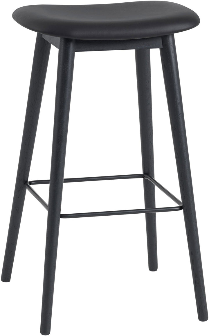 Fiber Stool Without Back - Wood Base - Muuto - Stools + Benches + Ottomans - Black Leather Seat & Black Base - Bar Height - HORNE