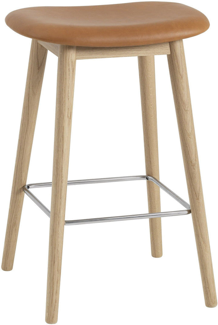 Fiber Stool Without Back - Wood Base - Muuto - Stools + Benches + Ottomans - Cognac Leather Seat & Black Base - Counter Height - HORNE